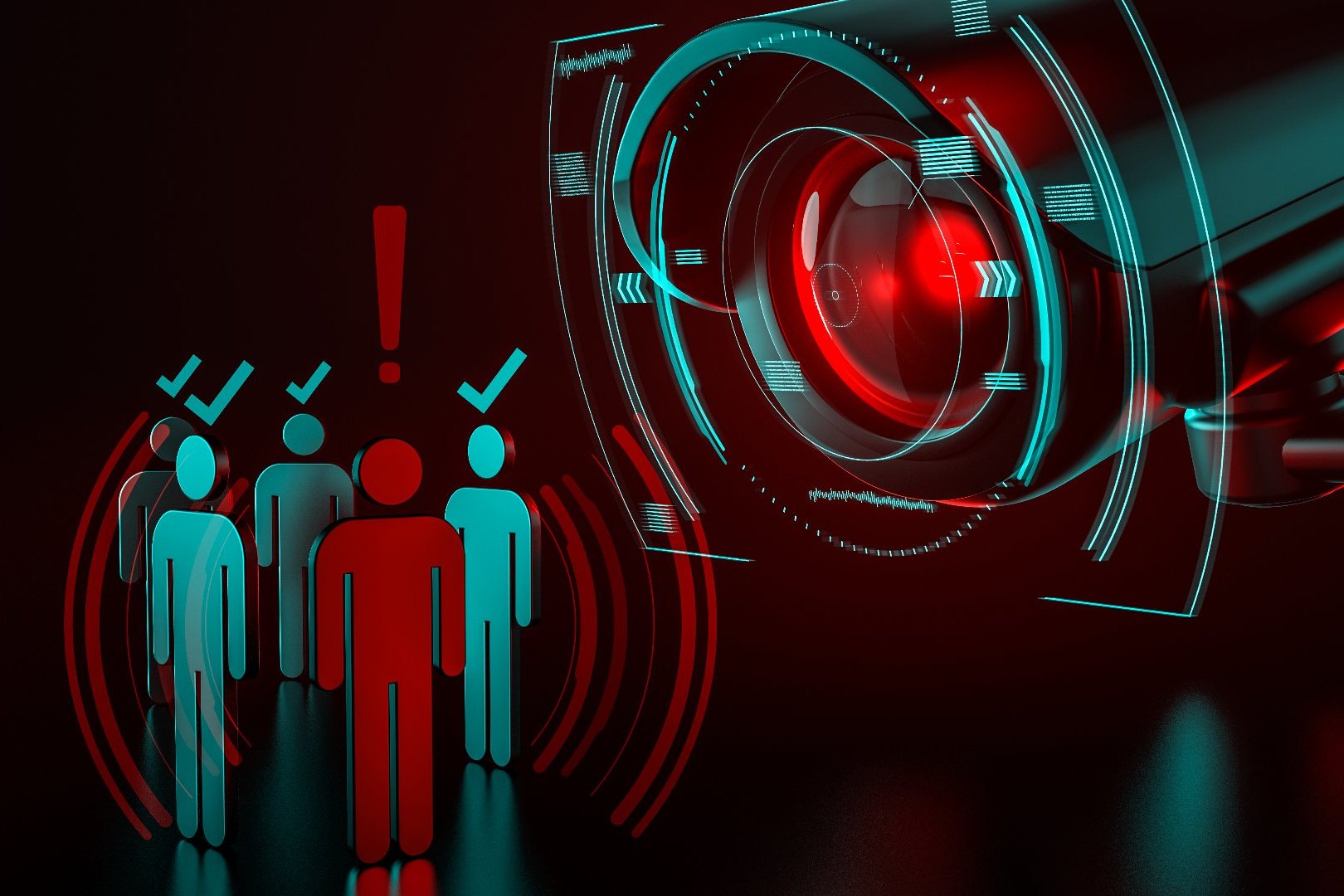 une caméra géante surveillance un groupe de personnes