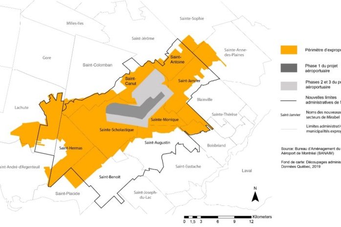 Carte montrant le périmètre d'expropriation pour le projet de nouvel aéroport à Montréal, incluant les phases 1, 2 et 3 du projet, ainsi que les nouvelles limites administratives de Mirabel.