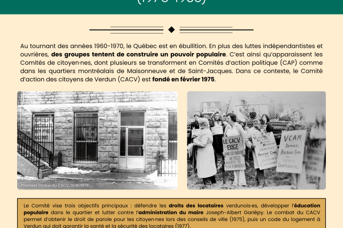 Une manifestation devant une voiture avec des membres du Comité d'action des citoyennes et citoyens de Verdun portant des pancartes pour défendre les droits des locataires.