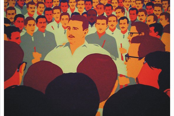 Image d'une scène de rassemblement avec un leader charismatique s'adressant à une foule composée de nombreux hommes, tous ayant un air attentif, dans un style artistique coloré.